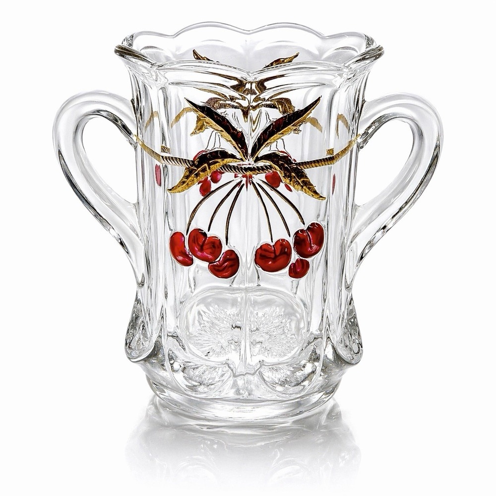 MOSSER Red & Gold Cherry Thumbprint Glass Celery Vase Double Handle 5.5"